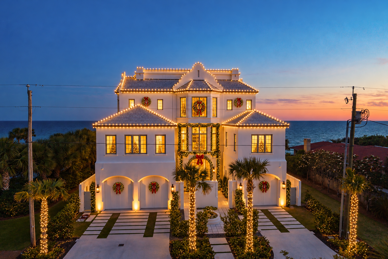 Beachfront home shown with warm white LED Christmas roofline lights, illuminated palms, wreaths and garlands at dusk